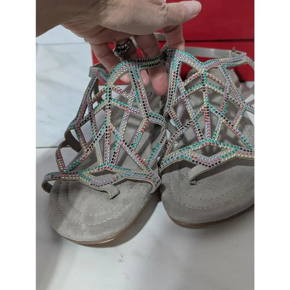 Women's Multi-Color Studs Taupe Base Strappy Sandals Silver Heel Sz 8M